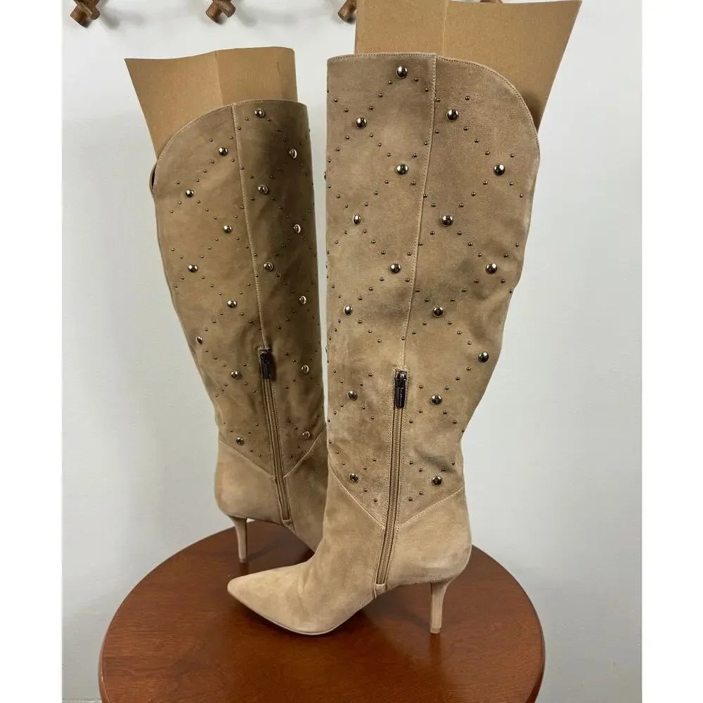 New Vince Camuto Fimulie Studded High Knee Boots Tortilla Suede Women's Size 9